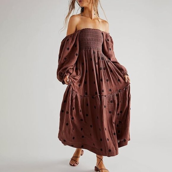 Dresses & Skirts - Fall Floral Embroidered Boho Maxi Dress – Long Puff Sleeve